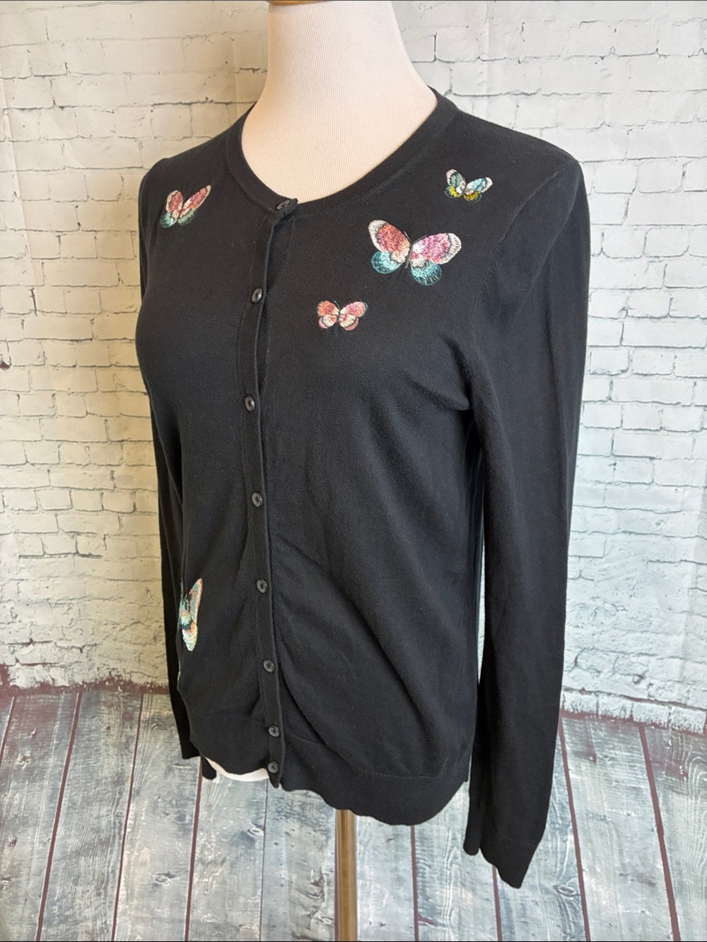 Ann Taylor Black Butterfly Embroidered Cardigan M